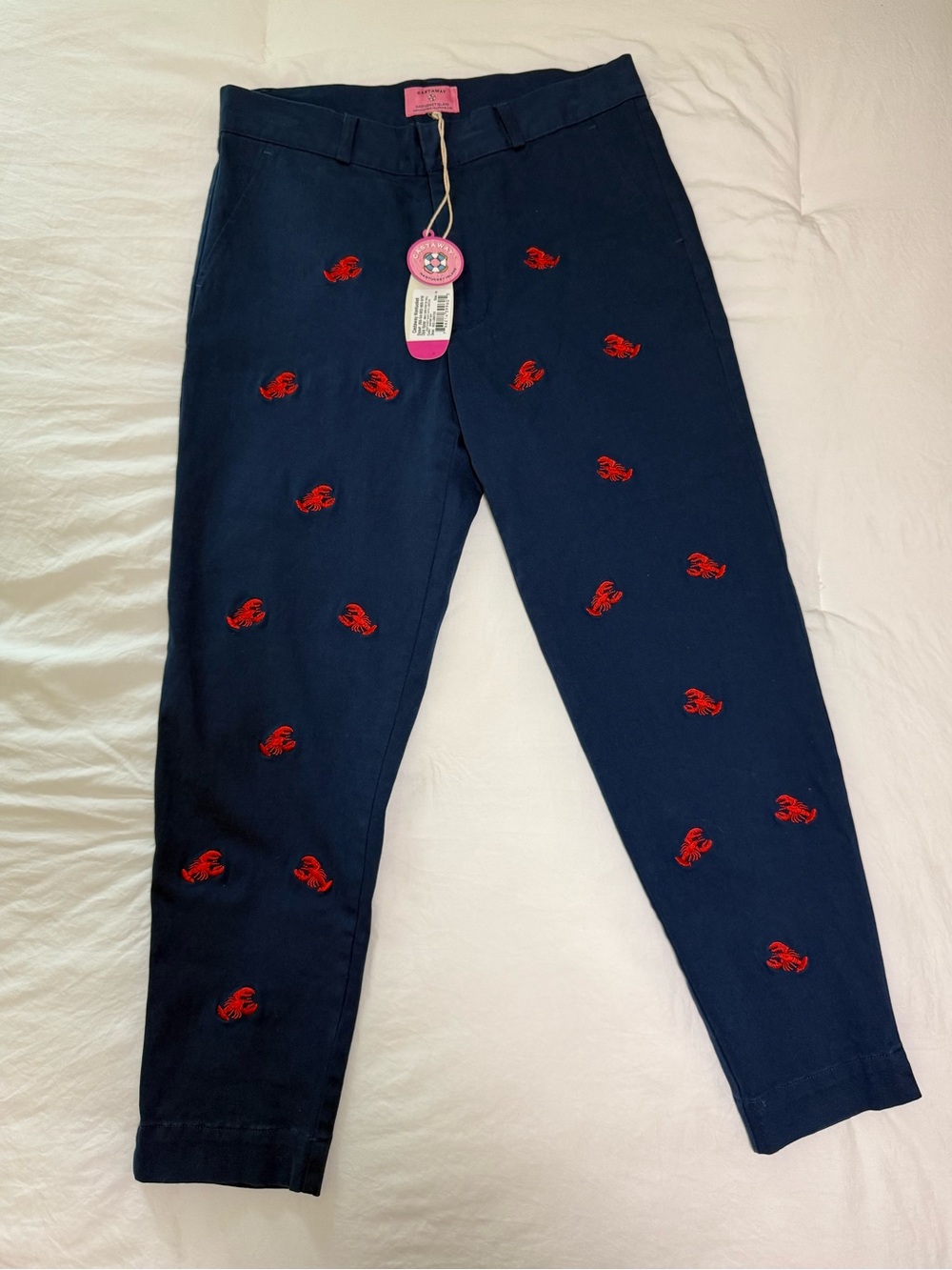Castaway Nantucket Island Navy Cropped Pants with Red Embroidered Lobsters